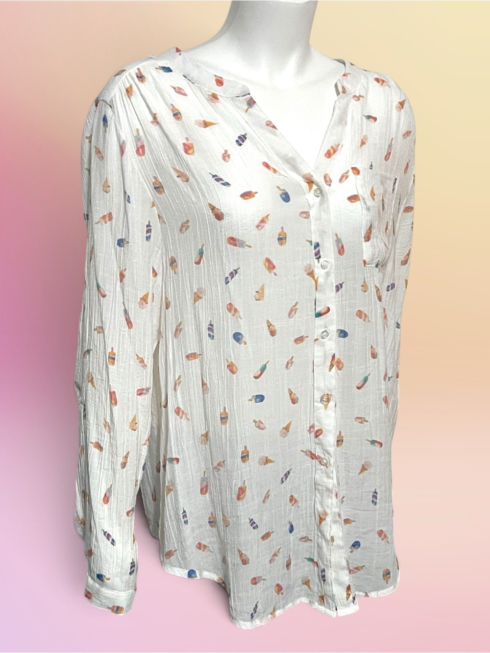 Zac & Rachel Ice Cream Print Button Down Tumic Blouse White XL
